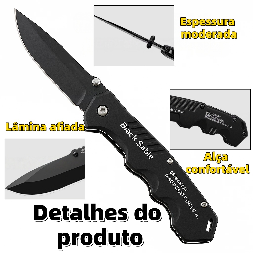 20CM Canivete Aço Preto com Trava Faca de cozinha para frutas Para Cozinha Pesca Camping Lâmina de 8 cm — imagem 2 de 2