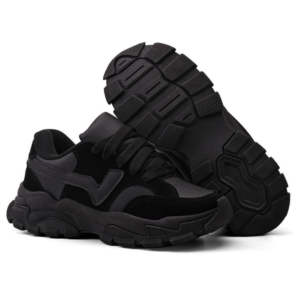 Tênis Feminino Casual Preto Moda Luxo Confortável Academia Passeio Cadarço 34 ao 39 Envio Imediato