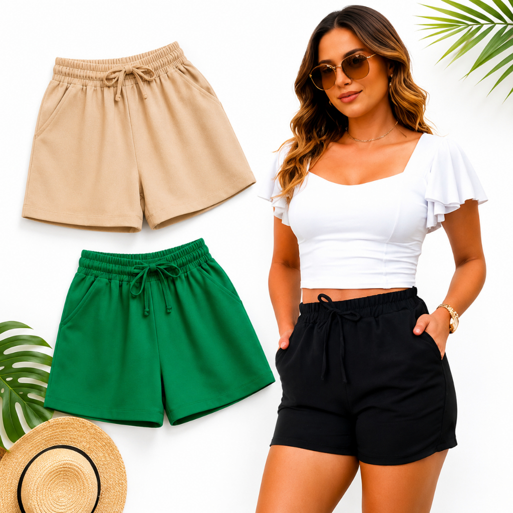 Shorts Feminino Duna Cintura Alta Casual Moda Verão