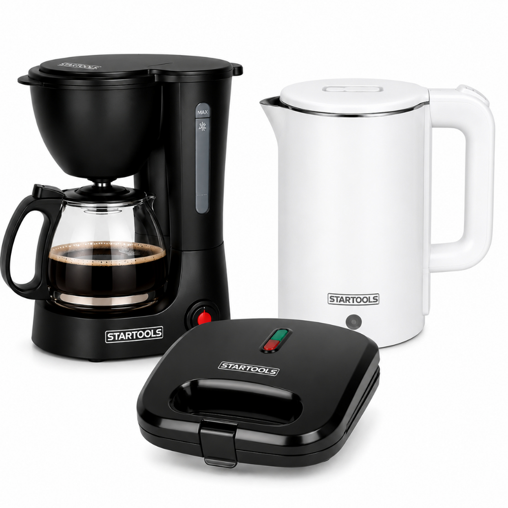 Kit Café da Manhã Cafeteira 600ml Chaleira Inox 1,9L Sanduicheira Grill 750W Completo p/ Casa e Escritório