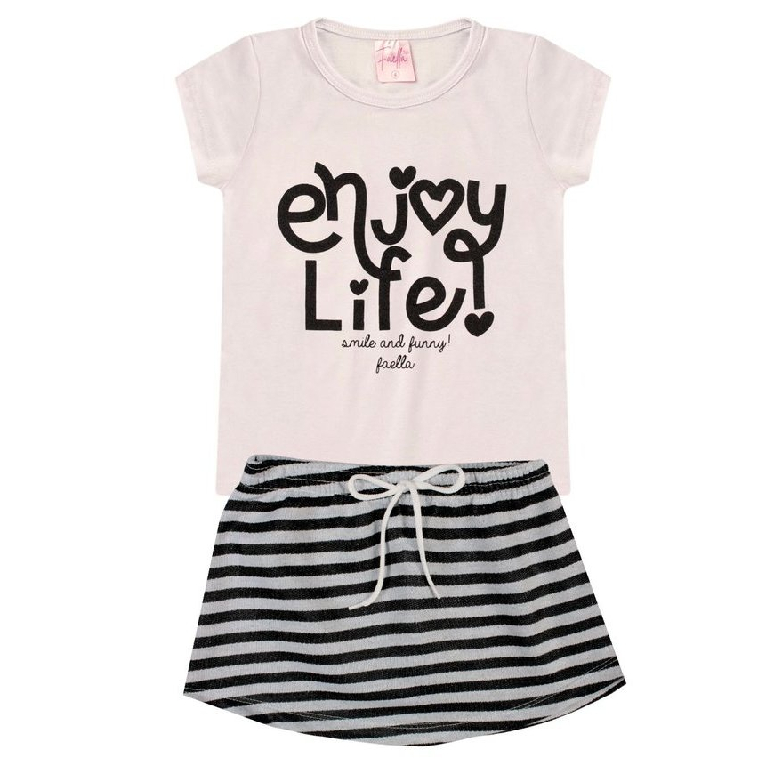 CONJUNTO INFANTIL PARA MENINA CONFORTAVEL SAIA PRETO E BRANCA LISTRADA BLUSA OFF WHITE PRESENTE