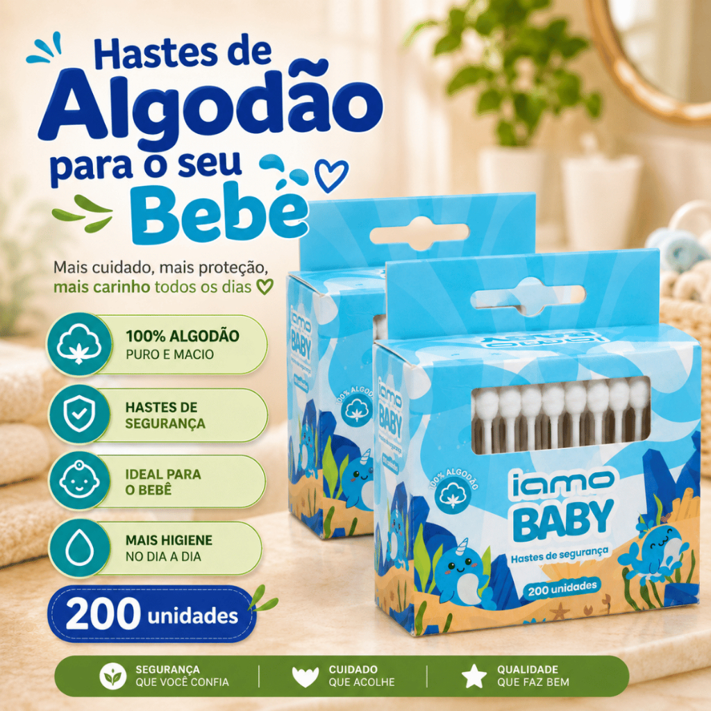 Hastes Flexíveis Baby Pontas Macias 100 Unidades para Higiene Delicada do Bebê Kit 2 Caixas