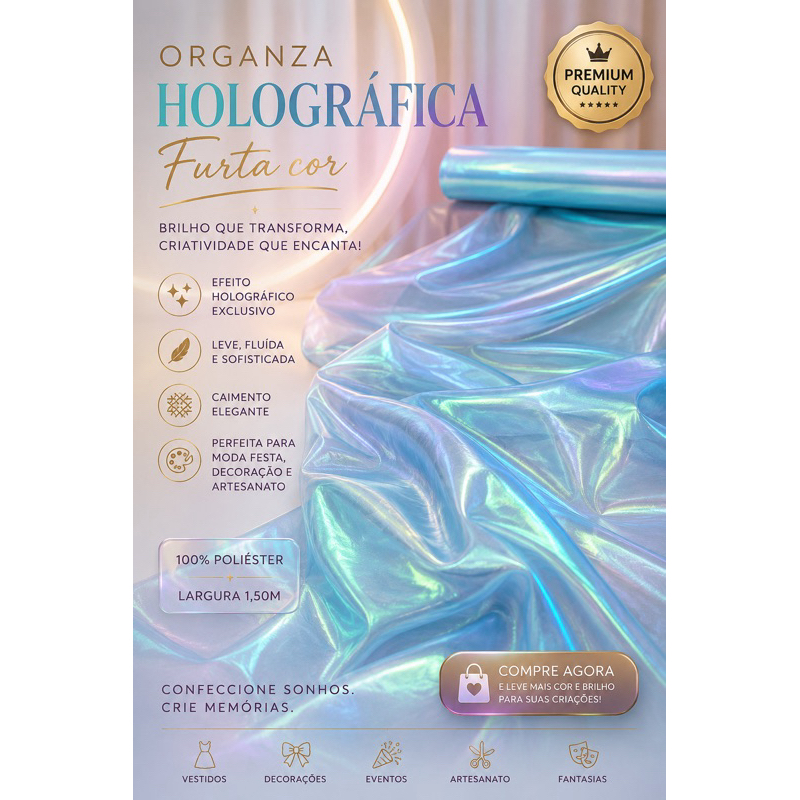 4 Metros Tecido Organza Holográfica Furta Cor 100% Poliéster 1,50m Para Decoração, Festas, Moda e Fantasias