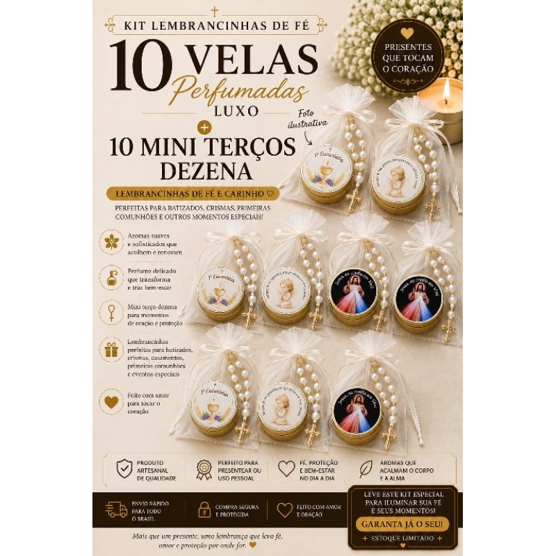 Mini Terço Dezena 10 unidades + 10 Velas Perfumadas Batizado,Primeira Eucaristia,Lembrancinha