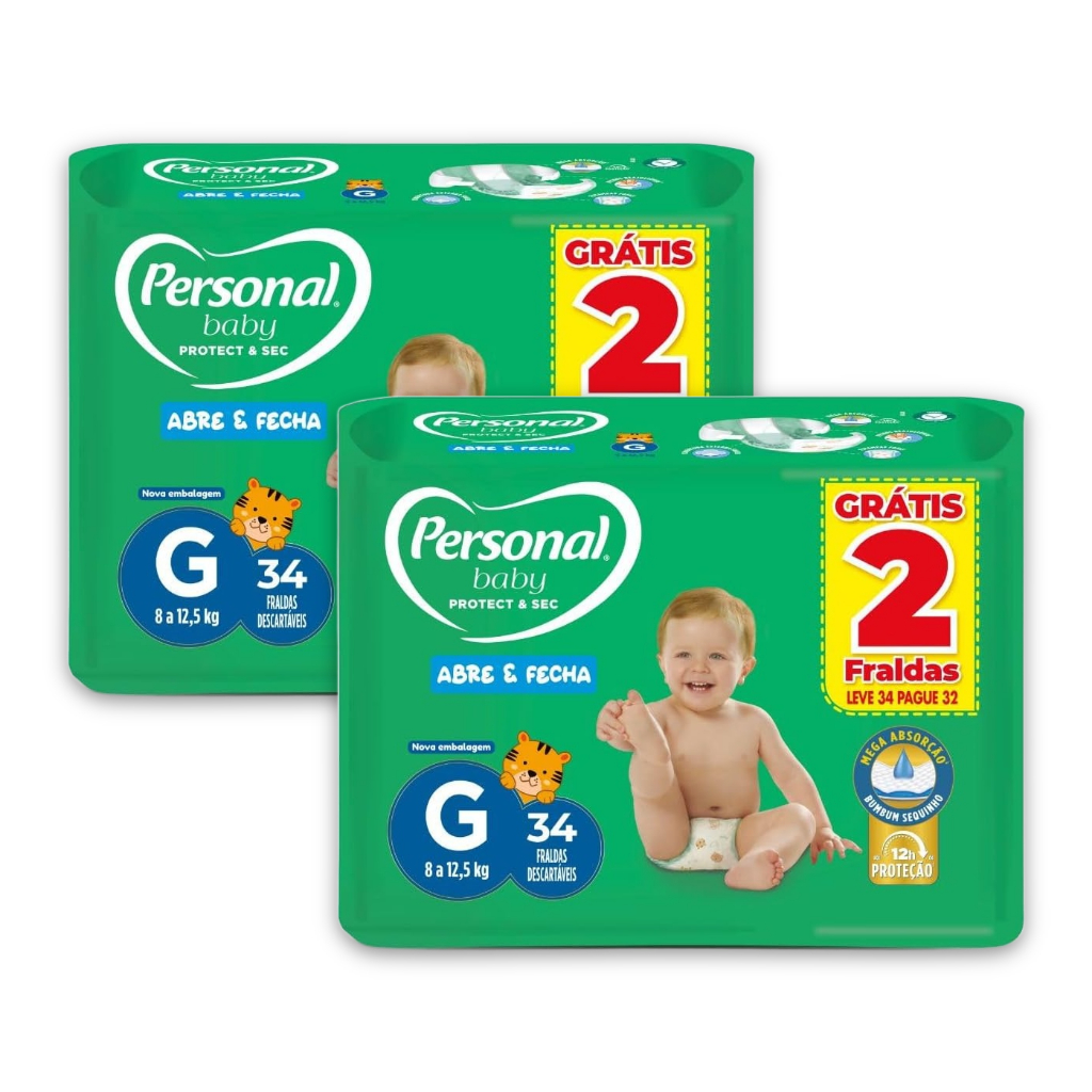 Kit 2ptes Fralda Personal Baby MEGA G 34un 8 a 12,5 kg - Total 68unidades