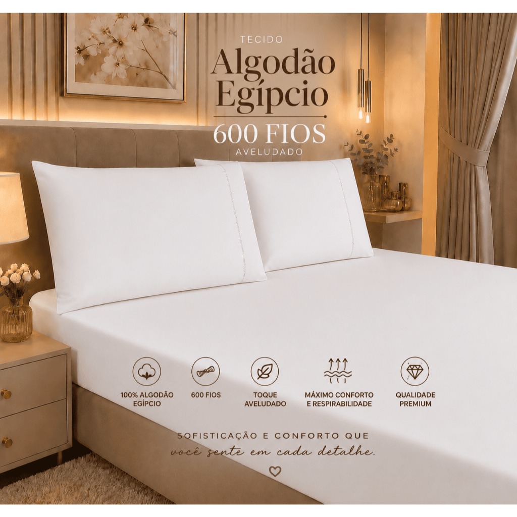 Jogo Lençol QUEEN 198x158cm 3 peças Ponto Palito - Algodão 600 fios Egípcio Alta Qualidade