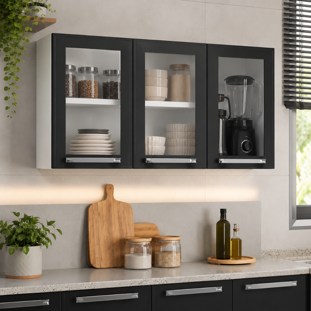 Armário de Cozinha Aéreo Itatiaia Aço 3 Portas Com Vidro Florença Grafite/Branco