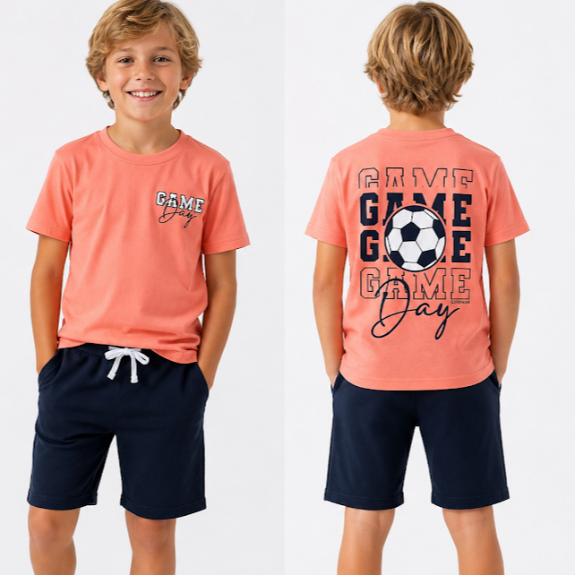 Conjunto 4 ao 8 Masculino Game Day Camiseta Shorts Algodão Com Bolso Futebol Menino Verão
