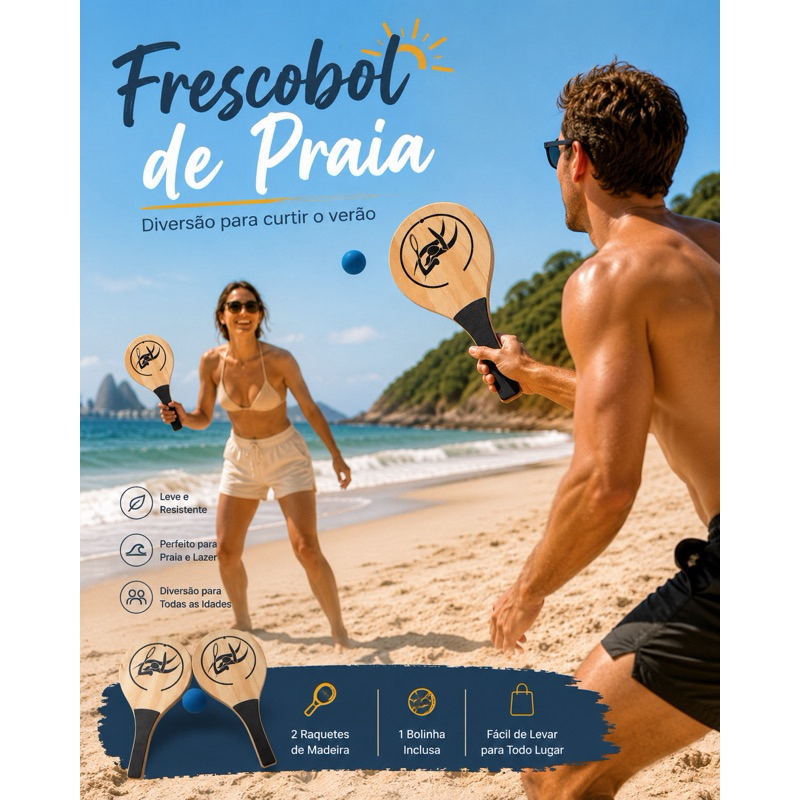 Kit Frescobol de Praia com Madeira de Qualidade Cabo com Grip e Bola Leve Ideal para Praia e Lazer