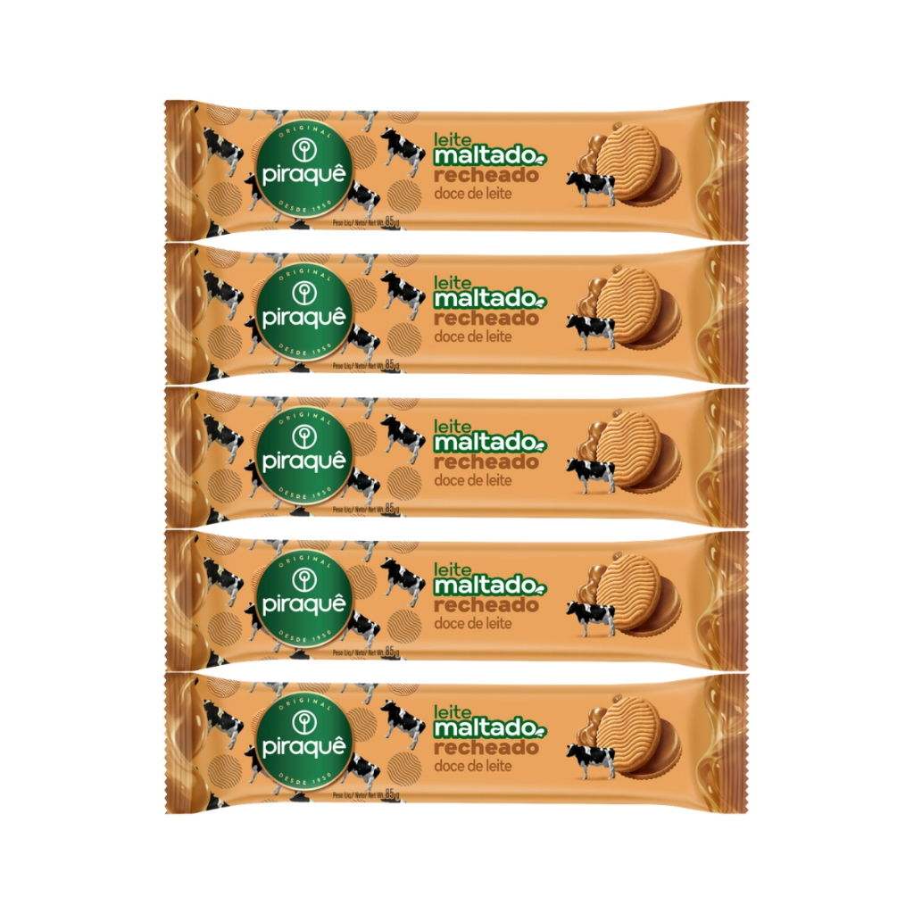 Kit 5un Biscoito Piraquê Maltado Doce de Leite Recheado 85g
