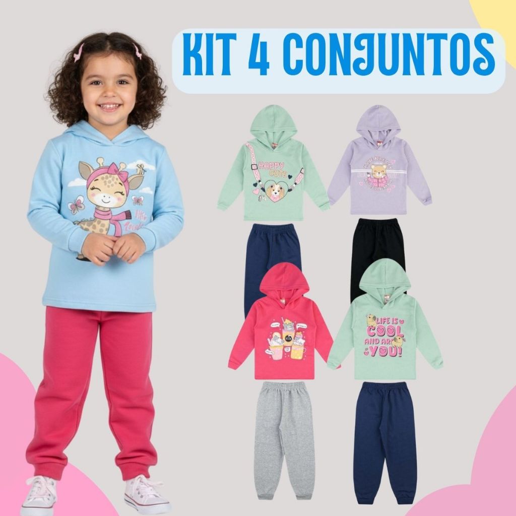 Conjunto Moletom Infantil Menina Kit 8 Peças Roupa 4 Casaco + 4 Calça 1 ao 8 Quentinho Feminino