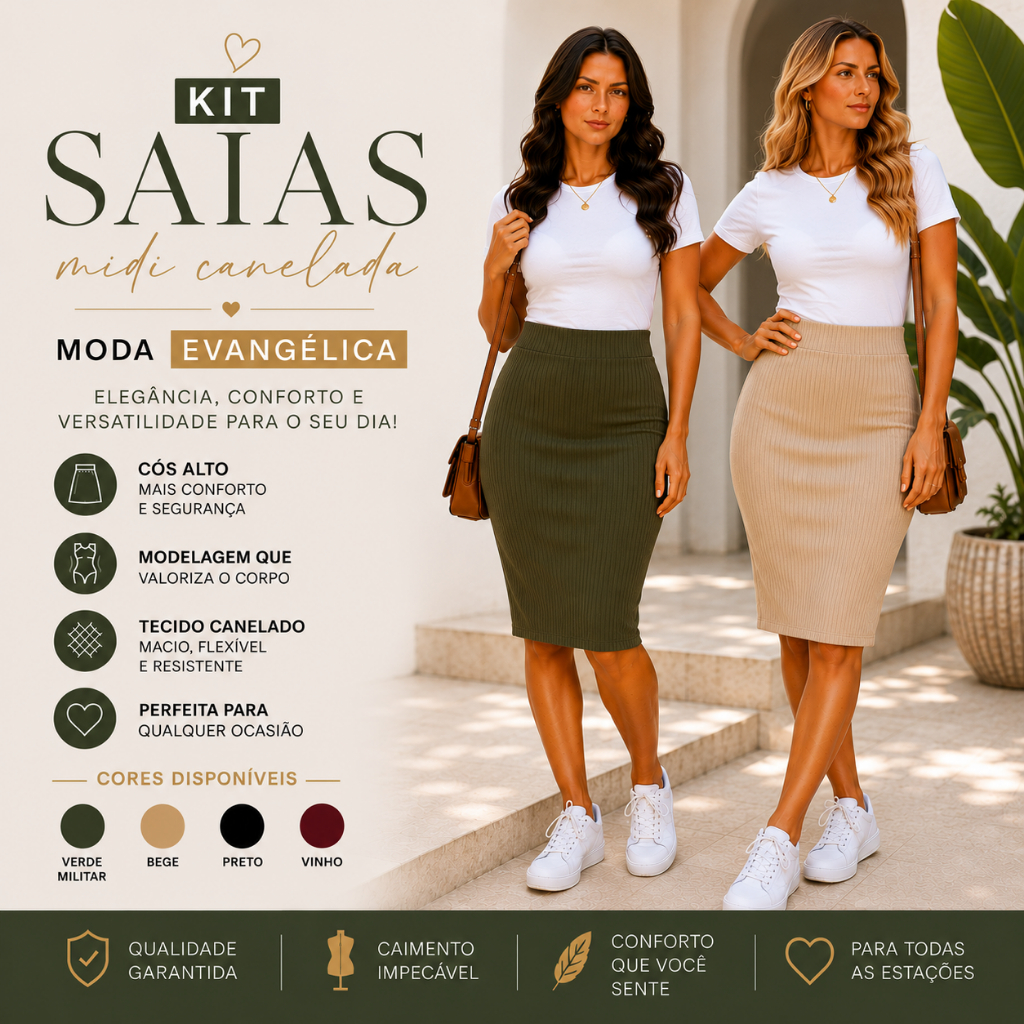 Kit 2 Saias Midi Canelada Feminina Moda Evangélica Cintura Alta Elegante Casual Premium