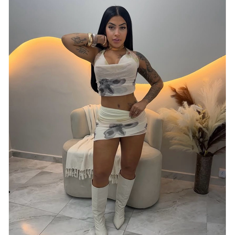 Conjunto Tule Feminino Cropped e Saia Curta Forrada Estampa Floral