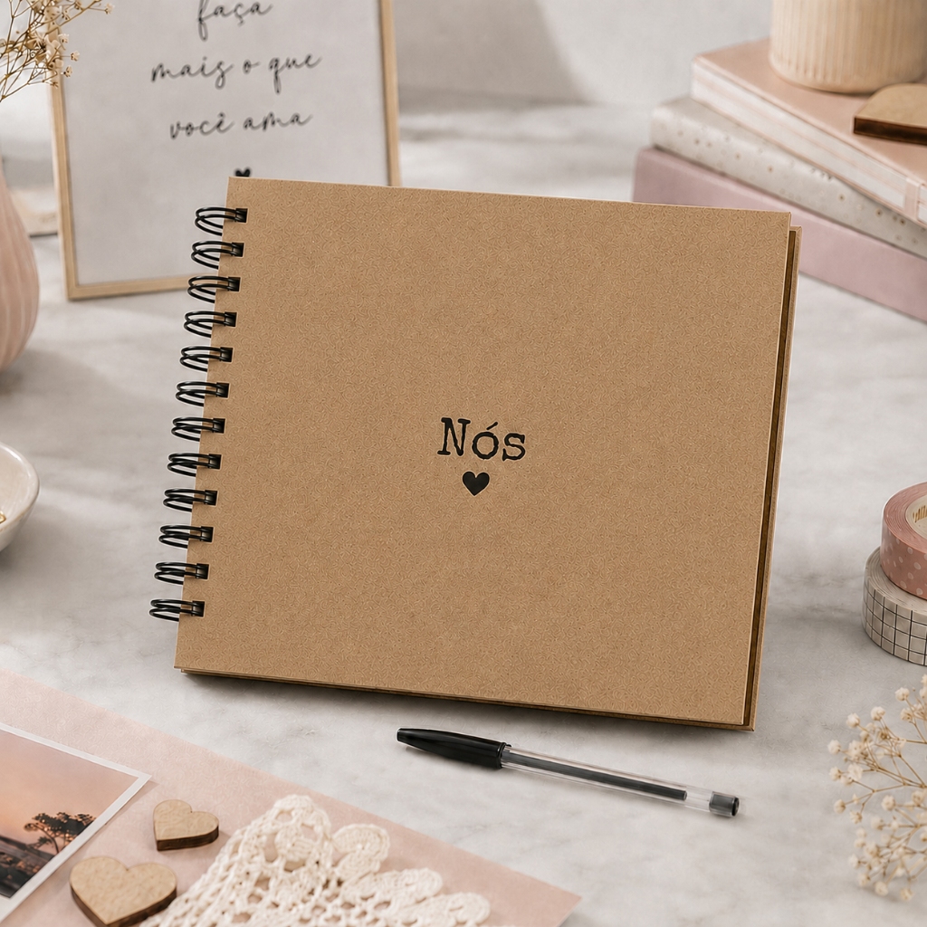 Kit Scrapbook Álbum Fotos Folhas Kraft + Caneta Gel Preta + Adesivos Premium Papel Kraft