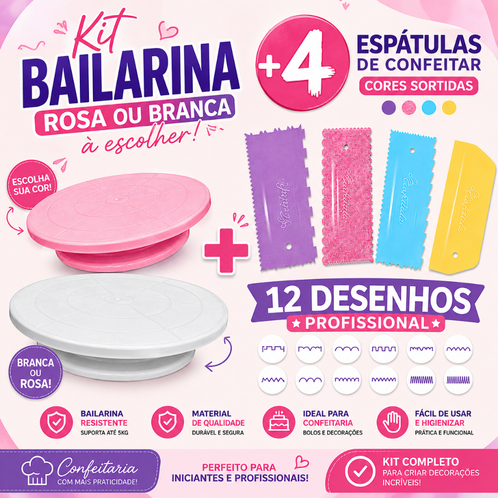 Kit Bailarina Giratória 30cm + 4 Espátulas Sortidas 12 Desenhos Para Confeitaria e Bolos e Doces Kit