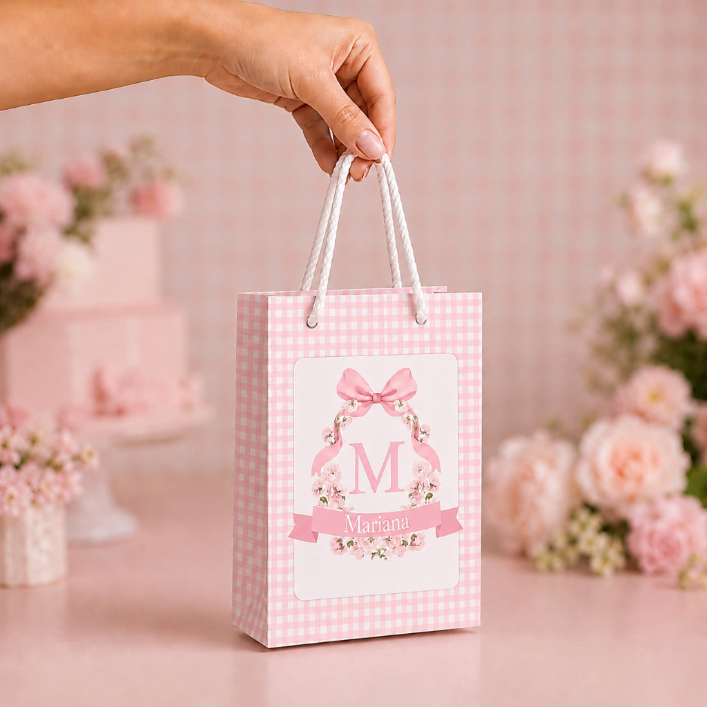 Sacolinha floral xadrez jardim encantado - pequena pegue e monte lembrancinhas sacolinha surpresa personalizada