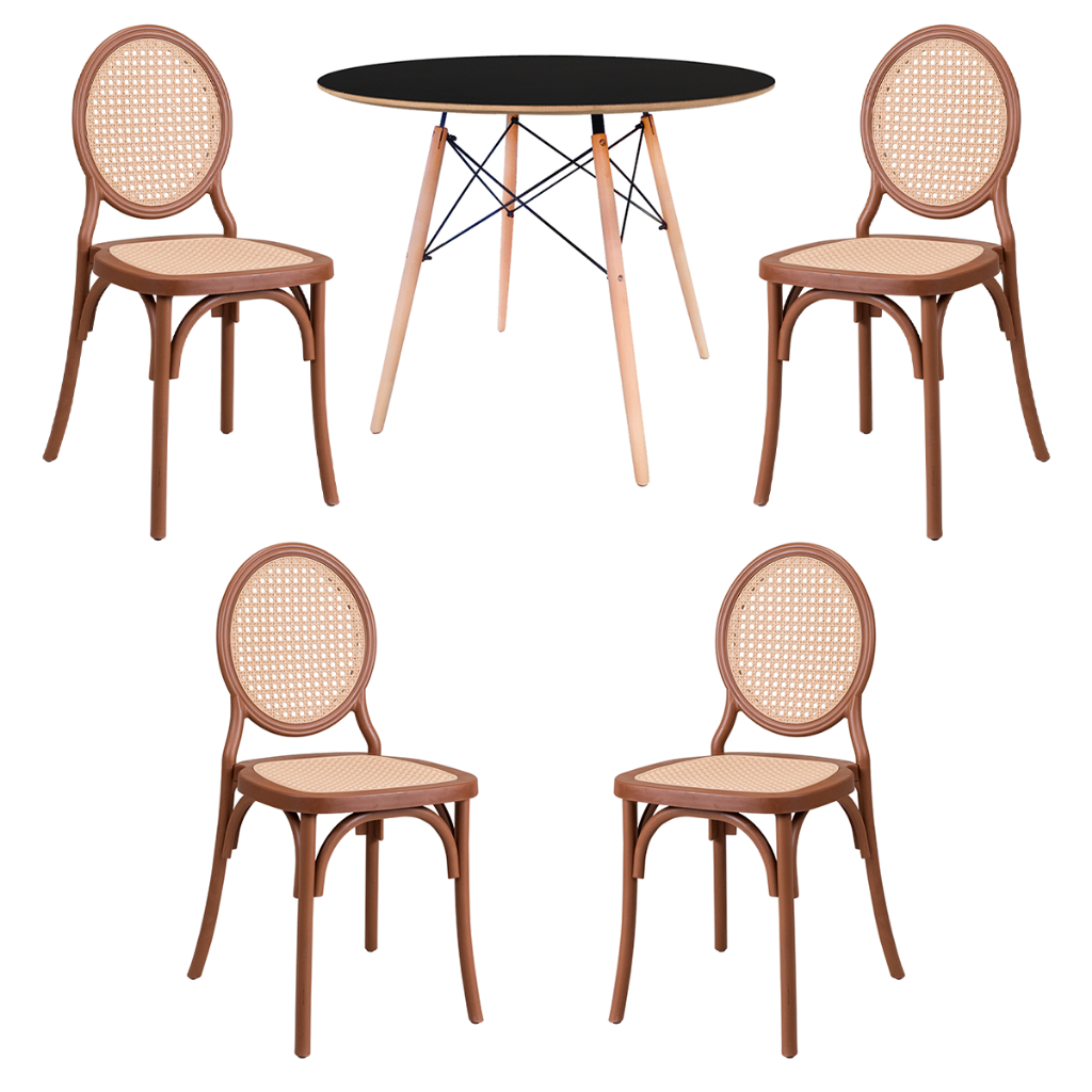 Conjunto Mesa Redonda 90cm com 4 Cadeiras Medalhão Sala de Jantar Seat&Co