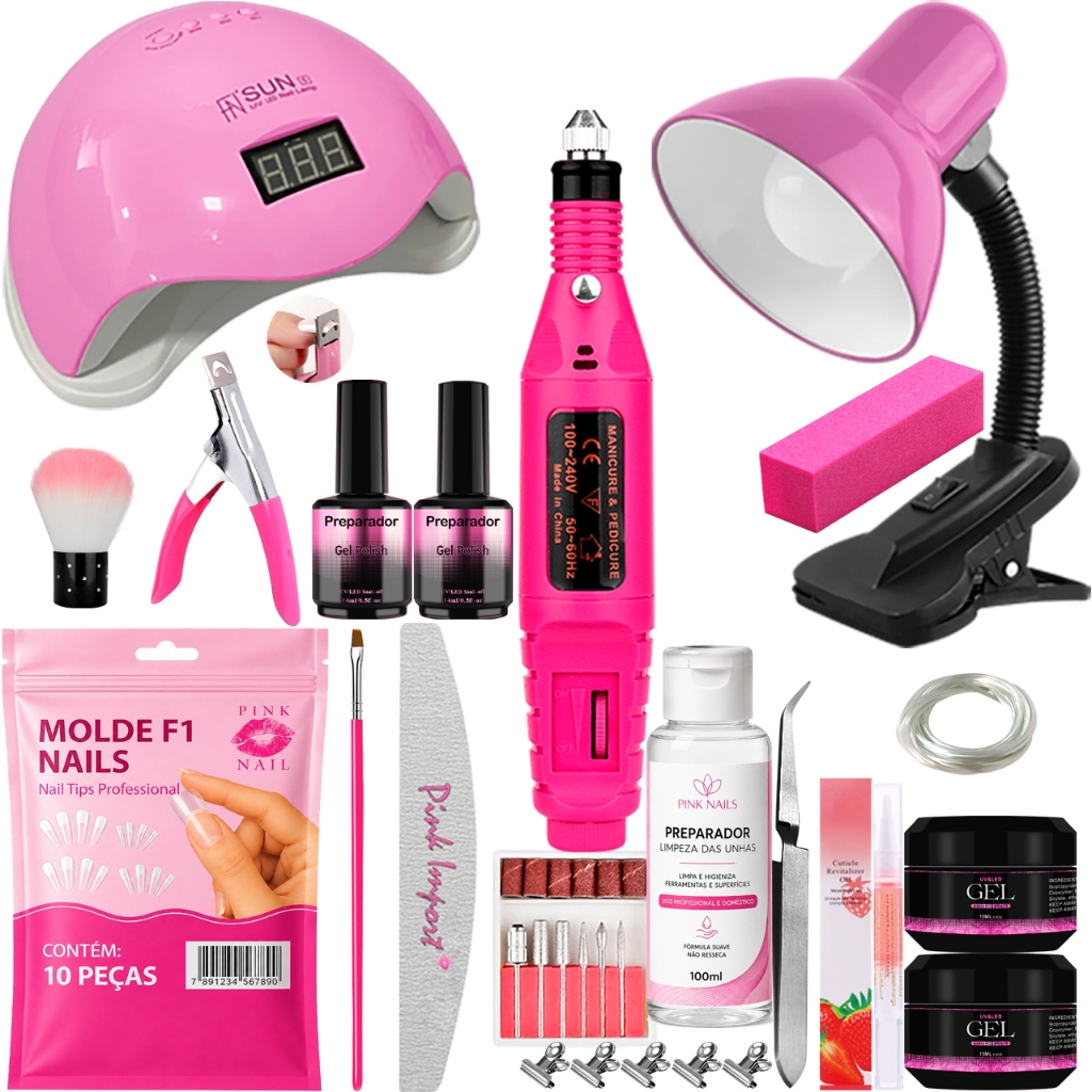 Kit Unha de Gel Completo + Cabine Sun + Lixadeira Elétrica de Unhas + Luminária de Mesa