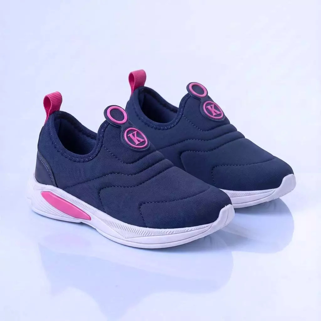 Kidstep Tenis Escolar Infantil Calce Fácil K Feminino Bordado Marinho com Pink
