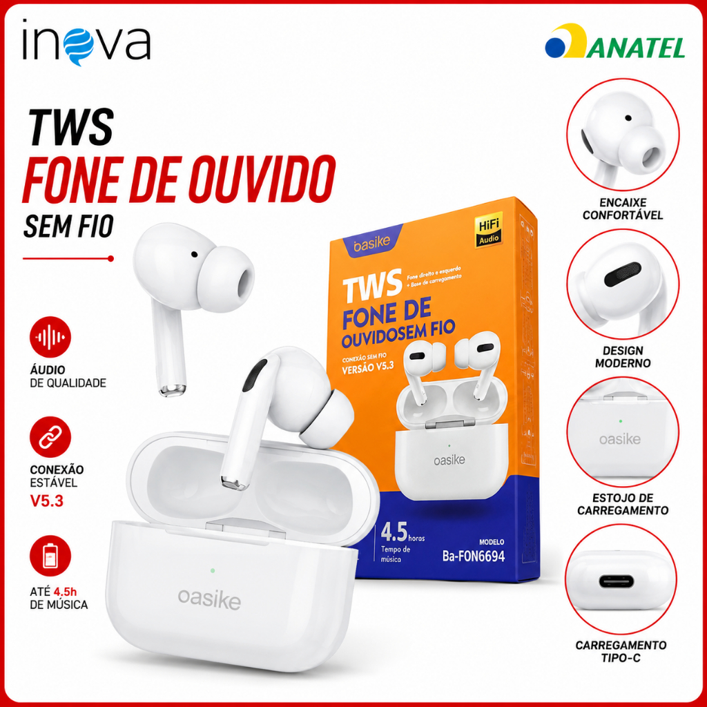 Fone Sem Fio Bluetooth TWS Basike Intra Auricular Confortável Cancelamento De Ruído Bateria Longa