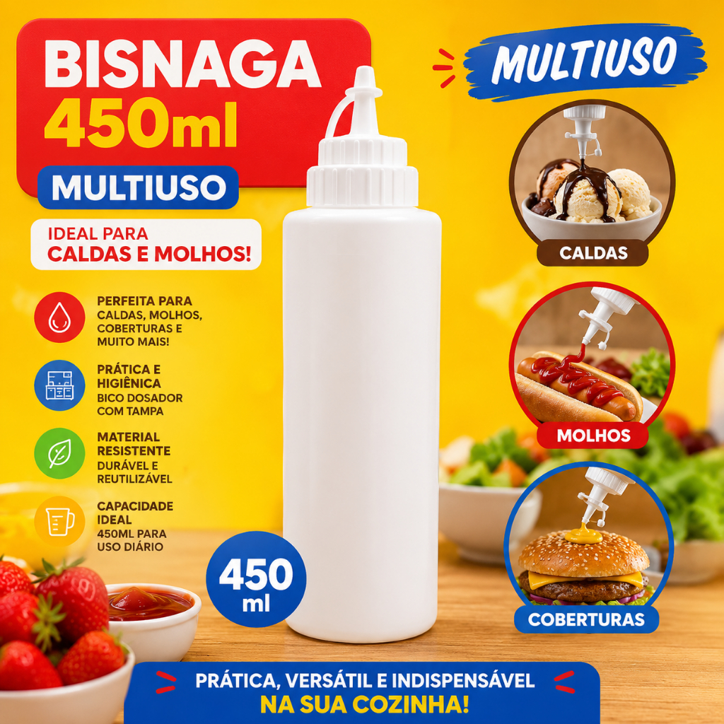 Bisnaga 450ml Multiuso Para Molhos Caldas Panquecas Coberturas Bisnaga Dosadora Plástica Com Tampa