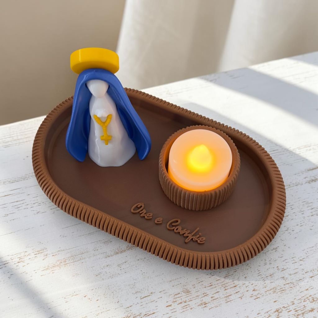 Kit Decorativo Nossa Senhora com Bandeja e Porta-Vela com vela led