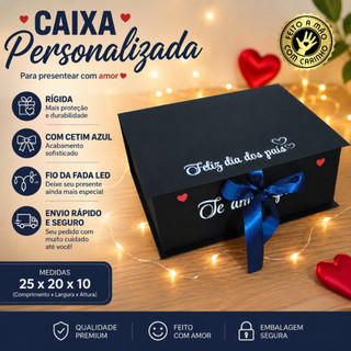 Caixa Dia dos Pais Personalizada com Fotos e LED | Caixa Rígida Premium com Palha Decorativa e Laço de Cetim Azul