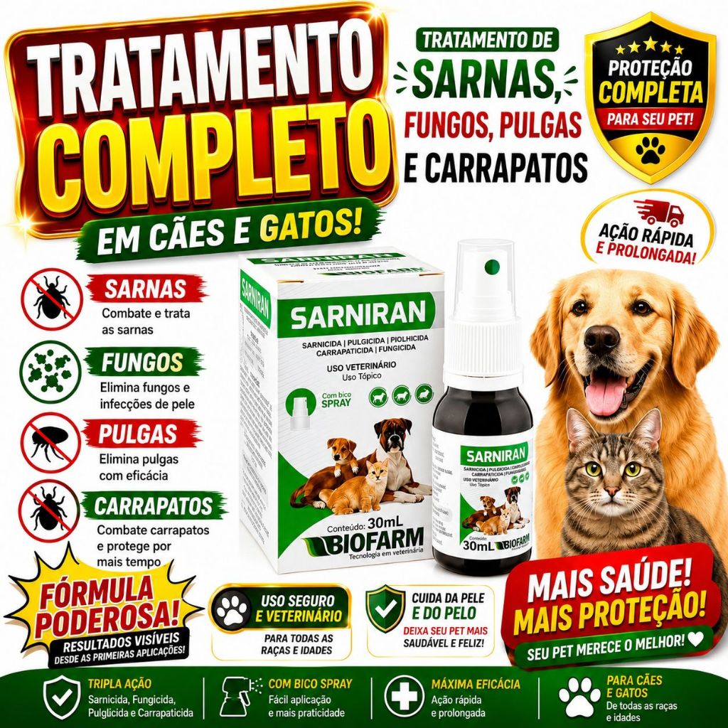 Sarniran Spray Coceiras Dermatite Sarnas Cães ou gatos 30ml