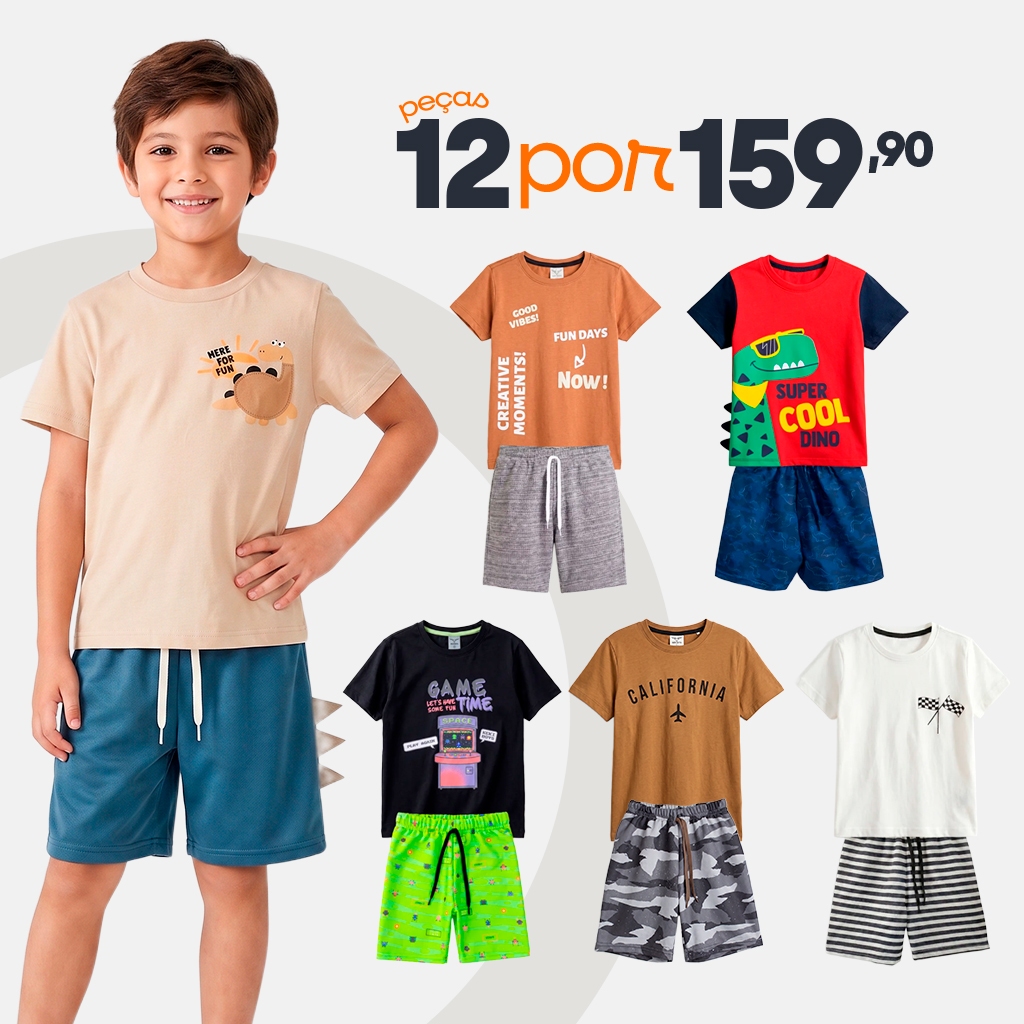 Kit Infantil Menino Verão 12 Peças (6 Conjuntos) Roupas Leves com Camiseta + Shorts, Conjunto Casual para Criança