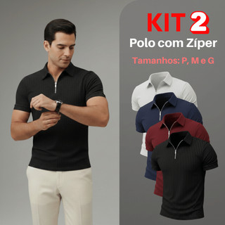 Kit 2 Camiseta Polo Com Ziper Manga Curta Masculina Camisa Básica Malha Canelada