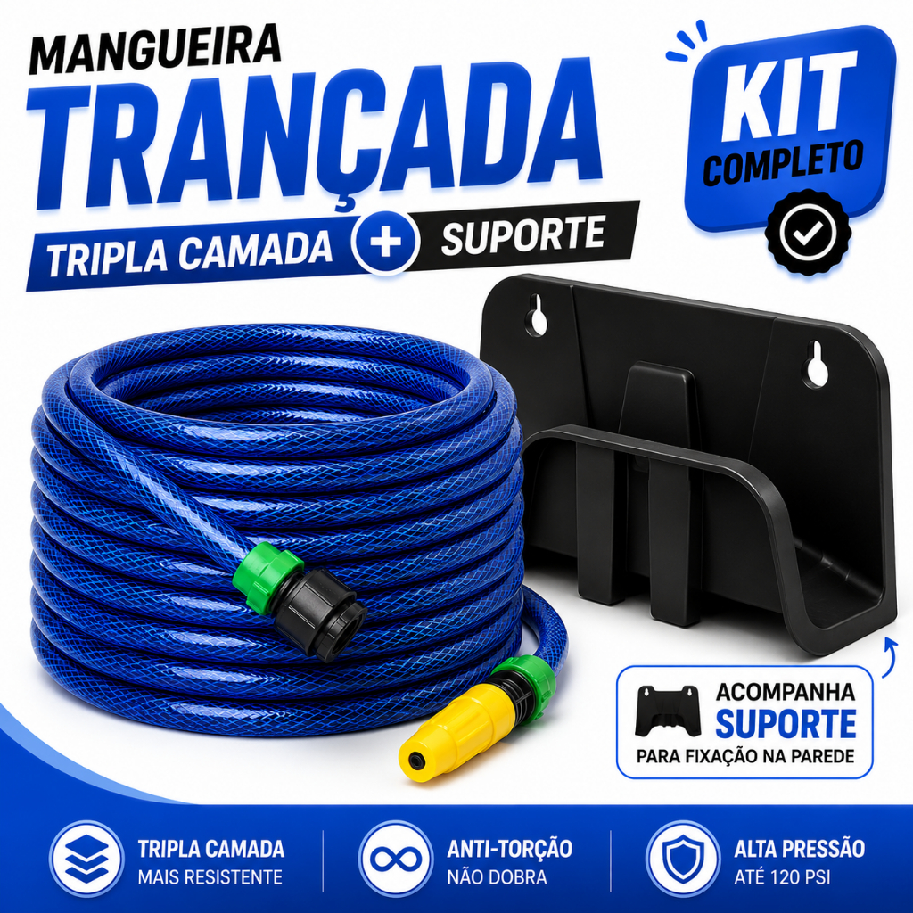 Mangueira Trançada Azul Tripla Camada Com Suporte - 10 a 40 Metros