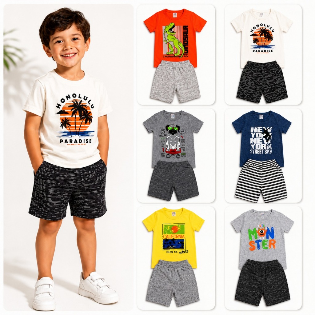 Kit 5 Conjunto Infantil Menino Bermuda e Camiseta Criança Masculino Verão 100% Algodão Confortável