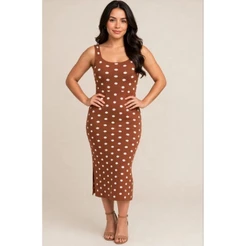 Vestido Midi Feminino Tricô Modal Poá Bolinhas Regata Fenda Lateral Premium Elegante Moda Evangélica