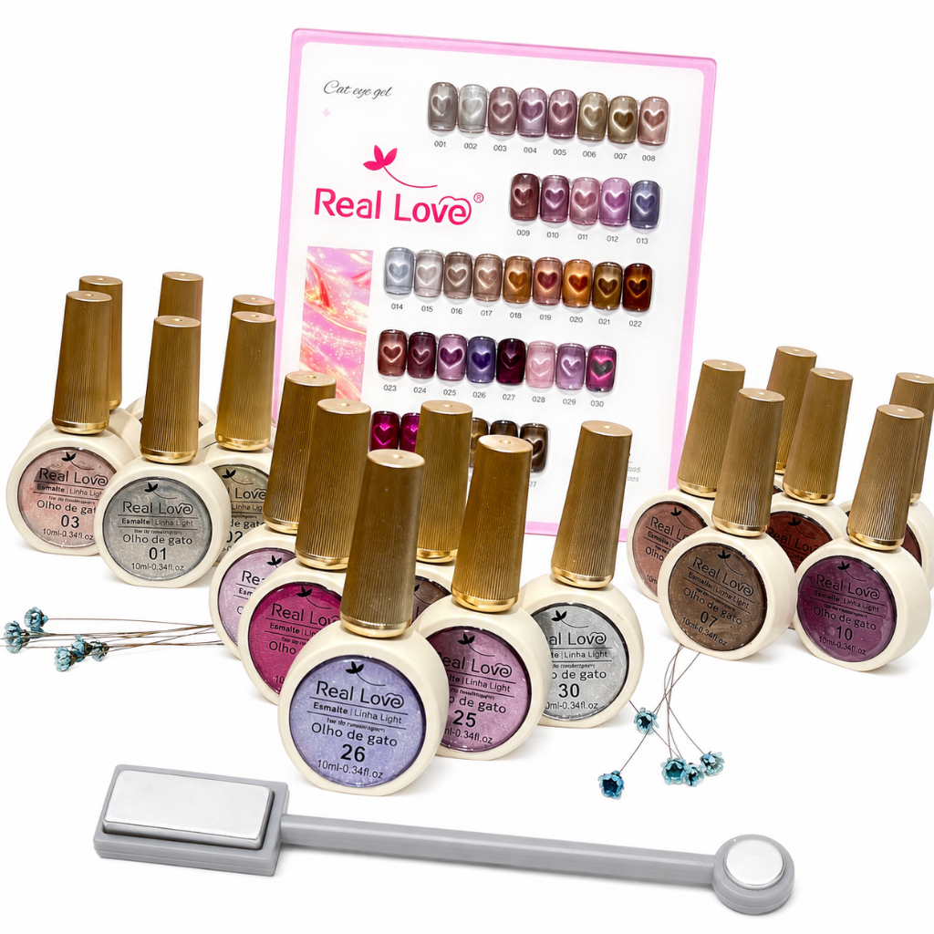 Kit 12 Esmaltes em Gel Magnético Olho de Gato Real Love 10 ml Cores Sortidas + Imã