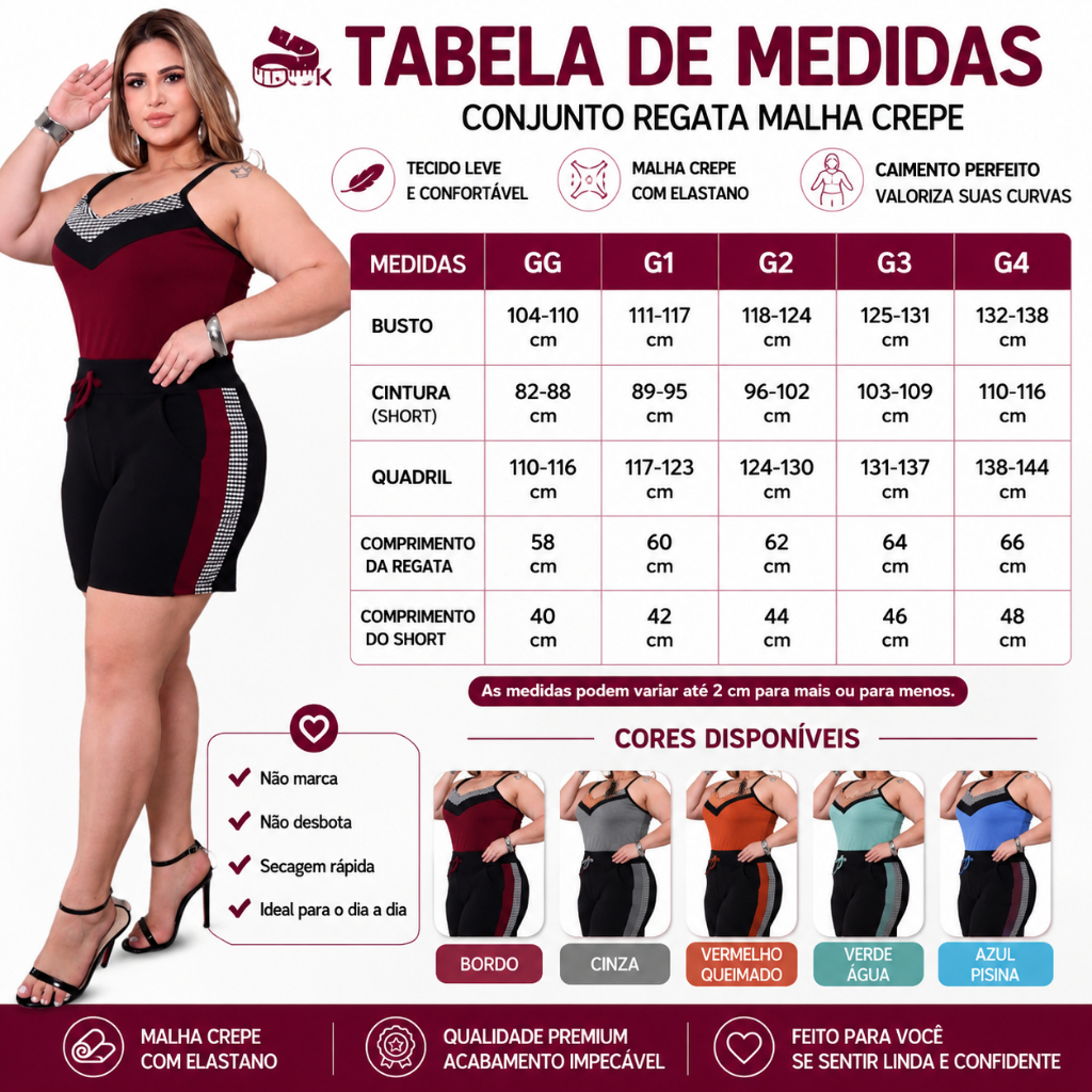 Conjunto Feminino Short Regata Malha Crepe Plus Size G1 G2 G3 G4
