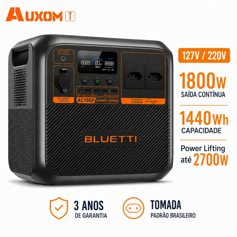 AUXOM Estação de Energia Portátil BLUETTI AC180P 1800W 1440Wh LiFePO4 127V/220V UPS para Camping
