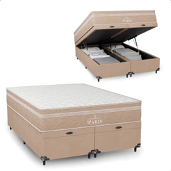 Cama Box Baú Casal Bipartido + Colchão Paris Molas Ensacadas - Bege - e-Shop Casa