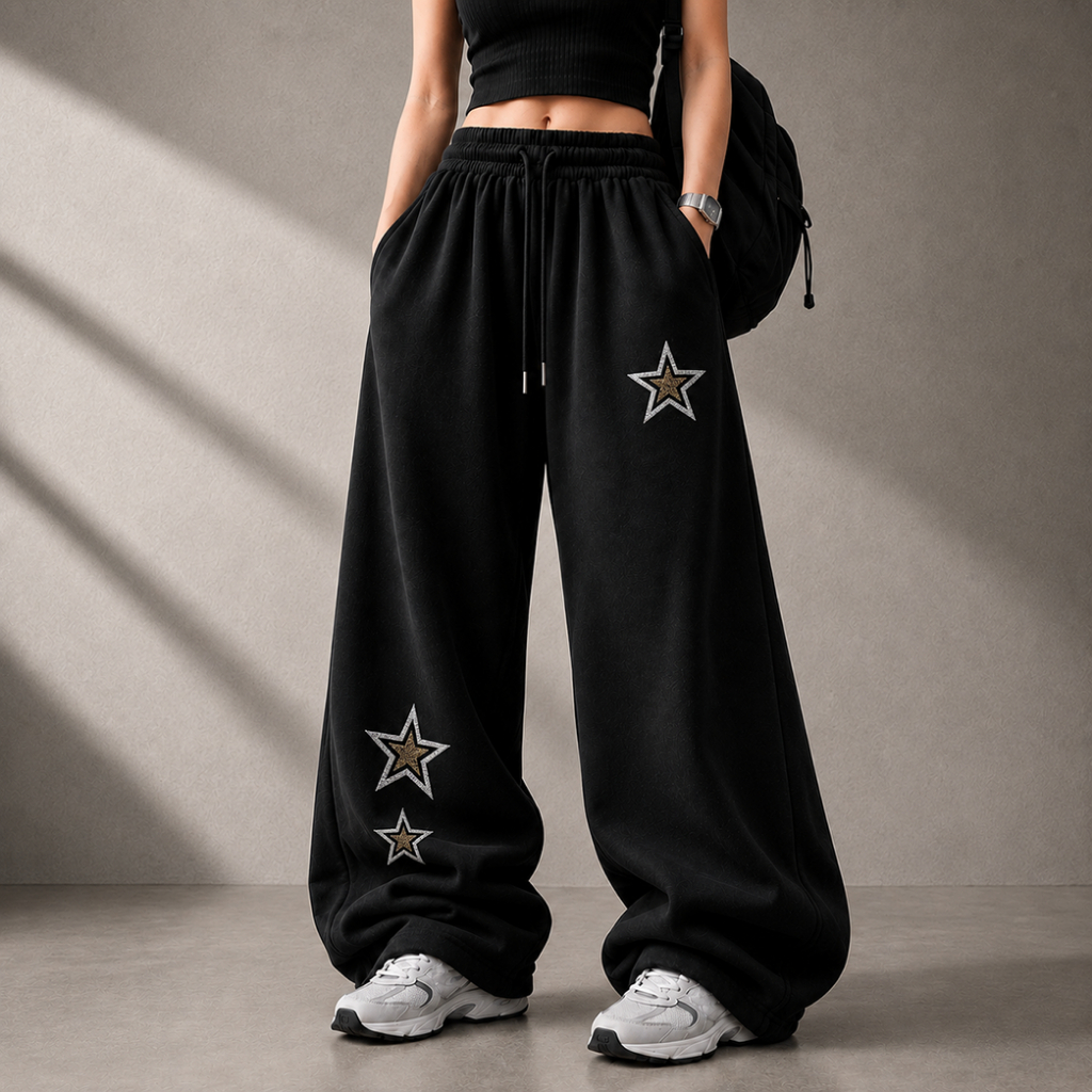 Calça Wide Leg Estrela Glitter Strass Y2K Aesthetic Tumblr Streetwear Elegante Unissex Casual