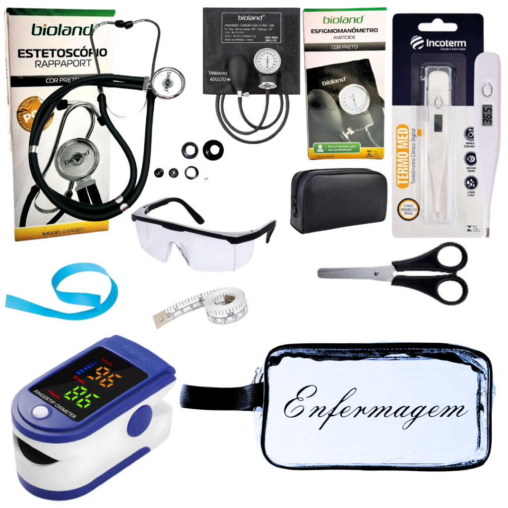 Kit Enfermagem Aparelho de Pressão + Estetoscópio Completo + Oximetro + Nécessaire