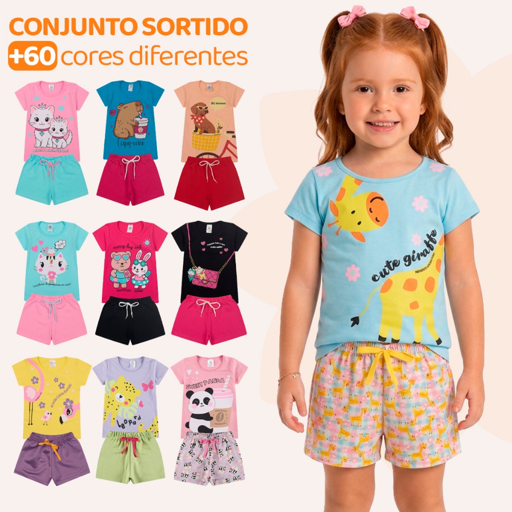 Kit Sortido 6 Peças Roupa De Bebê Menina Infantil Verão - 3 Camisetas + 3  Short