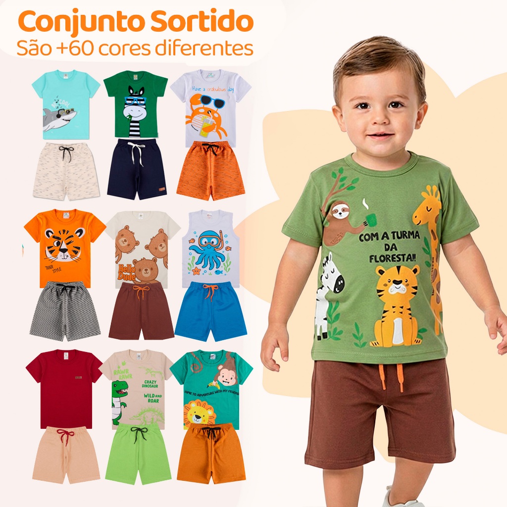 Kit Sortido 8 Peças de Roupas Infantil Bebê Menino (4 Camisetas + 4 Bermudas) Ki