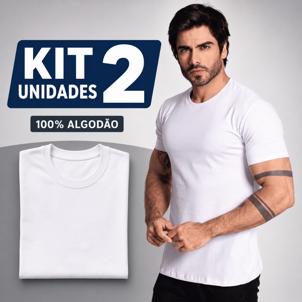 Kit 2 Camisetas Masculinas Brancas Lisas 100% Algodão Básicas Gola Redonda