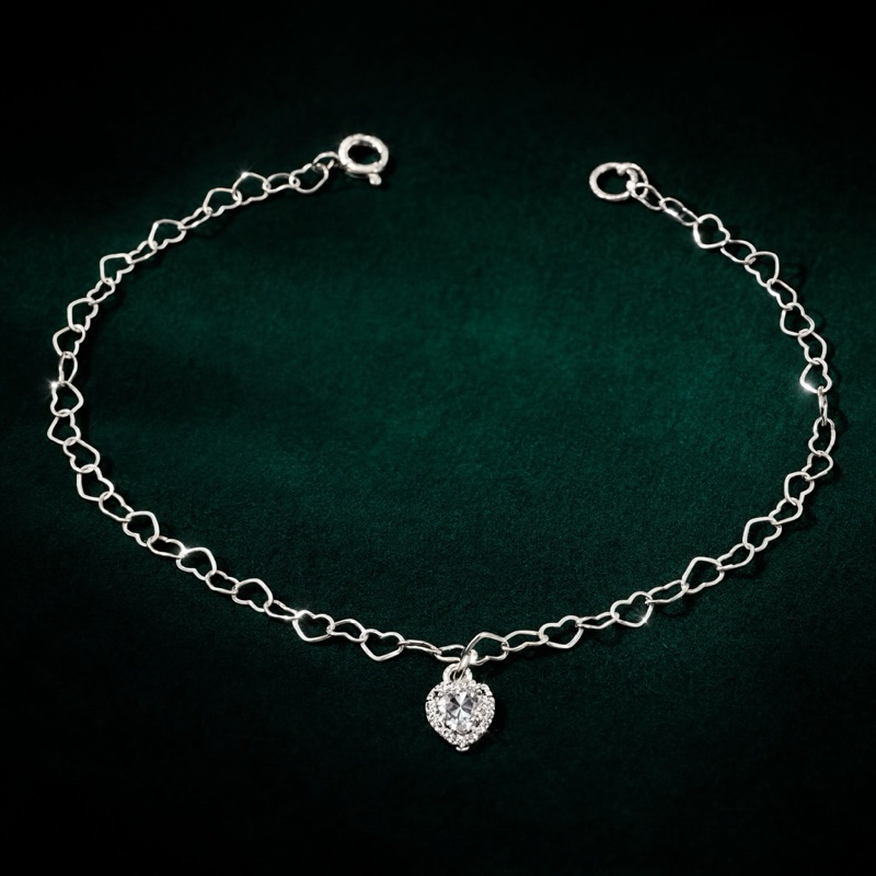 Pulseira Feminina Prata 925 Elos de Corações Coração Transparente Cravejado