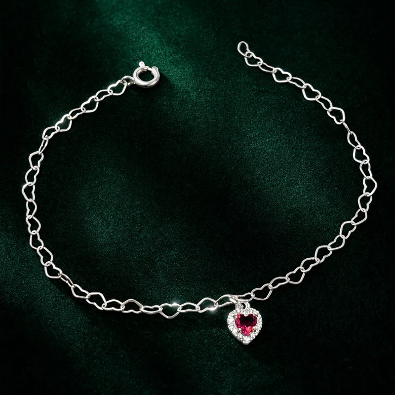 Pulseira Prata 925 Elos de Corações Coração Rosa Escuro Cravejado Feminina