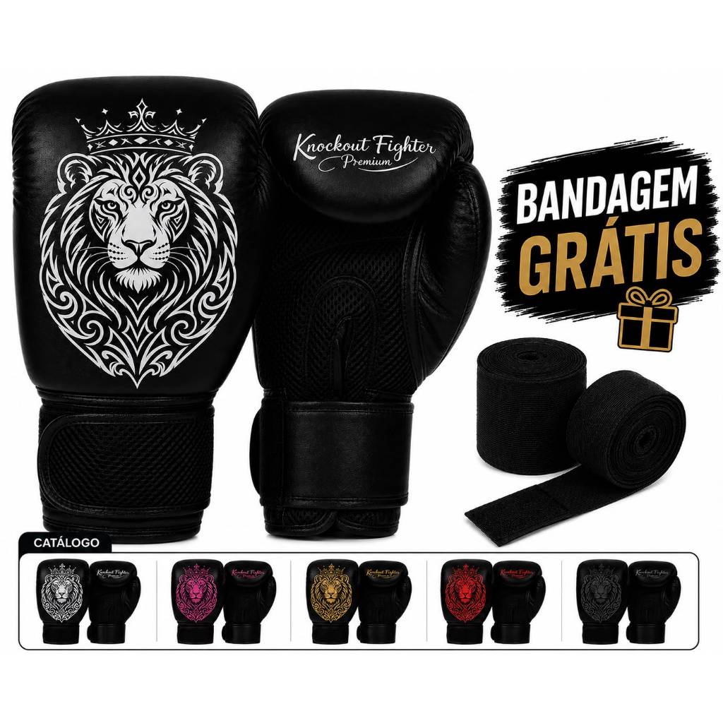 Luva De Boxe Muay Thai Leão Bandagem Kickboxing Treino Sparrin+ Brinde saquinho ventilação