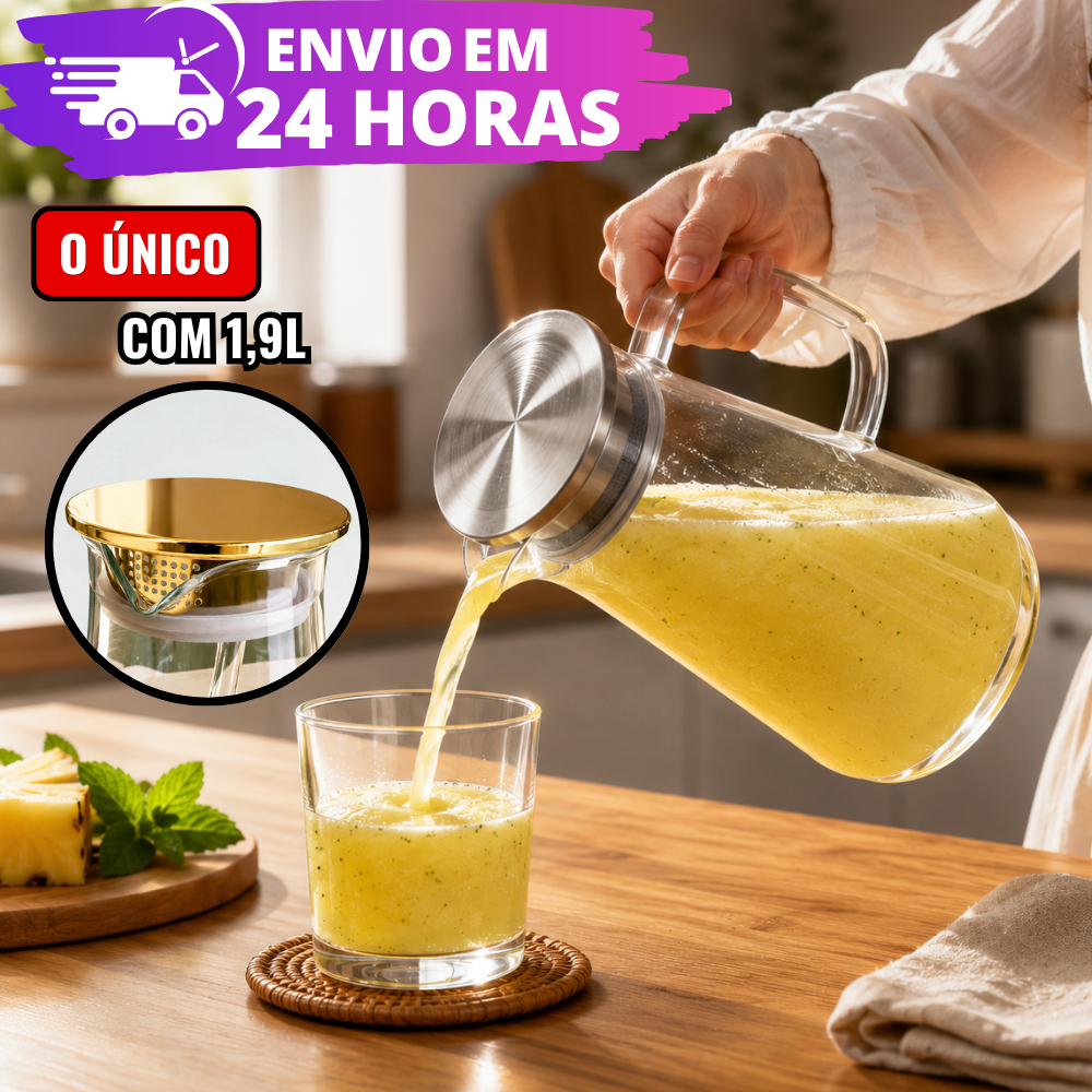 Jarra Premium Vidro Borossilicato 1,9L REFORÇADO C/ Tampa Inox e Coador Suco Chá Drinks