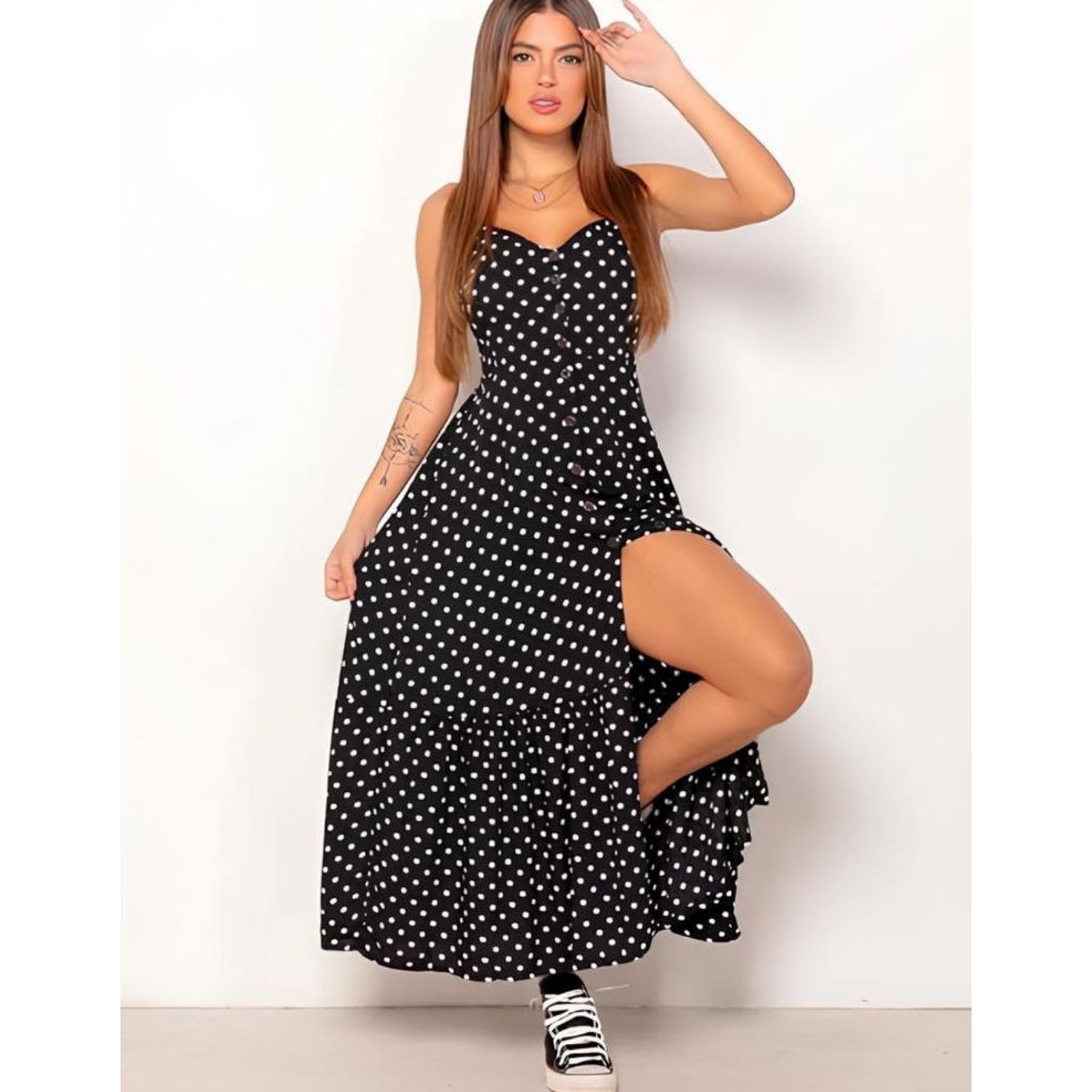 Vestido Feminino Longo Soltinho Crepinho Poa Bolinha Alcinha