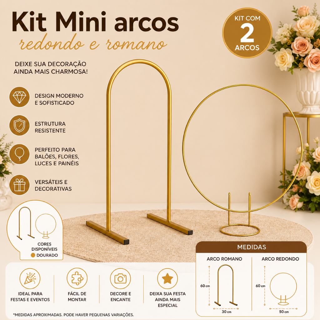 Kit 2 Mini Arcos Decorativos Dourado -Arco Romano + Arco Redondo para Festa e Mesa de Aniversário