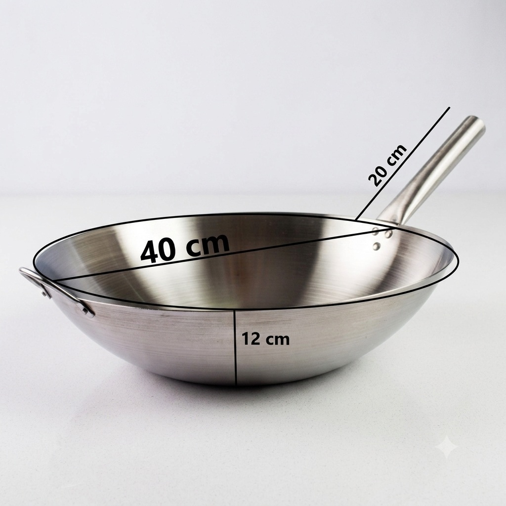 Imagem Panela Wok Aço Inox 40cm Com Cabo Longo e Alça Profissional Yakissoba Comida Chinesa