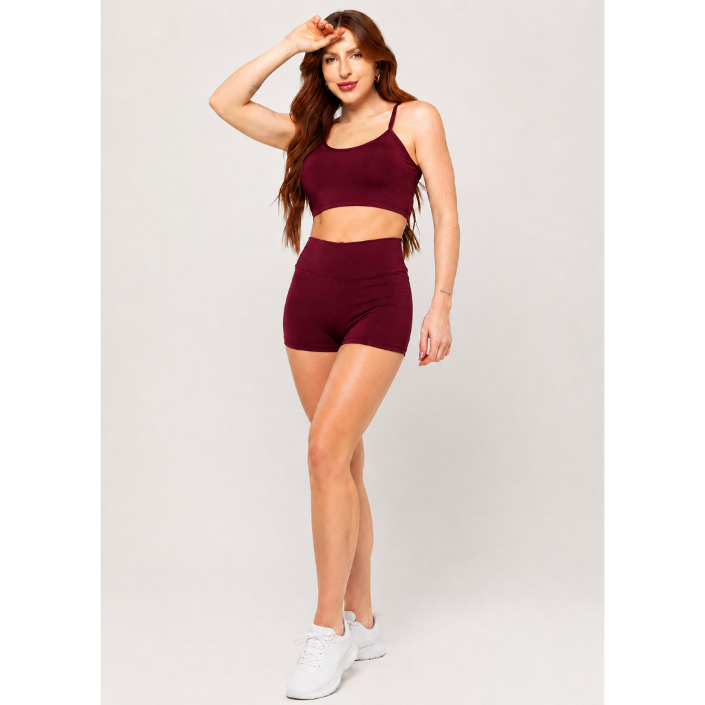 Conjunto Fitness Feminino Top Nadador e Short Cintura Alta Academia Poliéster Elastano